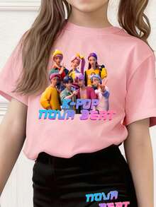 两件套韩流女团印花短袖T恤和修身喇叭裤休闲套装 - 粉色 - 查看 3