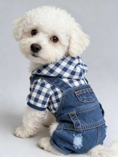 1 件宠物条纹四腿连体衣，牛仔效果连体衣背带裤狗衣服，春夏宠物服装