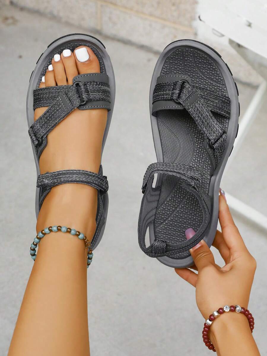 Women's Summer Sandals, Roman Style Open Toe Thin Strap Flat Sandals, Beach Woven Fabric Hook And Loop Strap Women Flat Beach Sandals - Grey - View 1