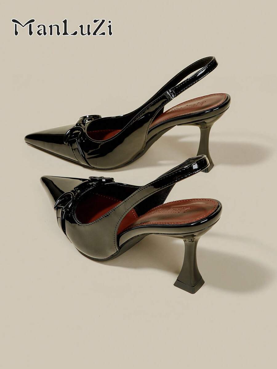 Women's Black Patent Leather Stiletto High Heel Pointed Toe Closed Toe Pumps, Elegant Formal Party Dress Shoes, Office Buckle Strap Backstrap High Heels - Black - View 1