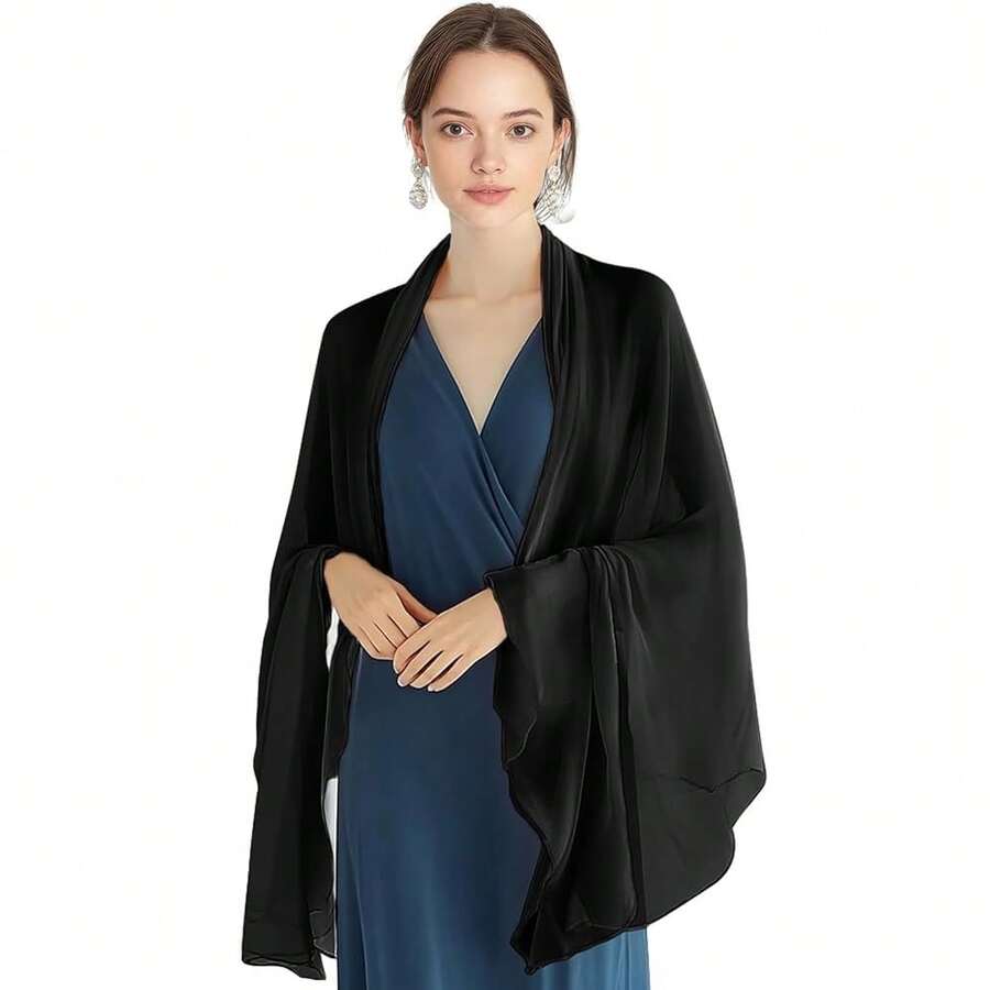 P Pothuiny Women Chiffon Sheer Shawl Wraps For Evening Dresses, 79inchx24inch Lightweight Soft Chiffon Scarfs Wedding Party Bridal,79inchx24inch,Black - 黑色 - 查看 1
