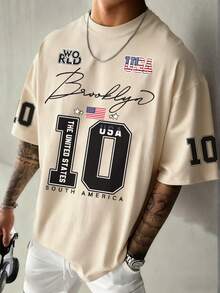 K-GLORY Men's Casual Versatile Simple English Slogan & 10 Graphic Print Short Sleeve T-Shirt - Apricot - View 1