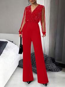 Bộ jumpsuit lưới đính sequin đen gợi cảm dành cho nữ, cổ chữ V sâu, kiểu dáng thanh lịch mùa xuân. - Đỏ - Xem 5