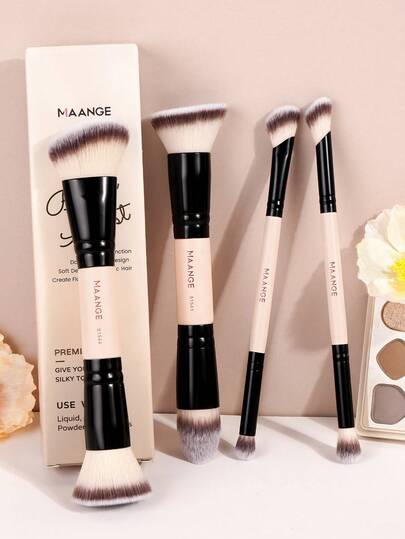 MAANGE Set de 4/5 piezas de brochas de maquillaje suaves de fibra sintética natural de doble uso, incluye brocha para rostro, brocha para polvo, brocha para rubor, brocha para corrector, brocha para contorno, brocha para nariz, brocha para iluminador, brocha para base y brocha de detalle. Brochas de maquillaje portátiles 2 en 1 multifuncionales, aptas para uso en casa o viaje, esenciales de belleza, gran regalo.
