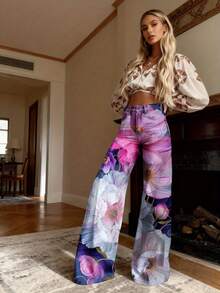 Women'S High-Waisted Vintage Western Floral Print Wide-Leg Trousers - Pink & Purple Blooms Stretch Denim-Like Pants, Loose-Fit Flared Bell-Bottoms With Beltless Design & Button Closure, Plus Size Friendly For Autumn/Winter Casual Outfits (No Belt In - Multicolor - View 1