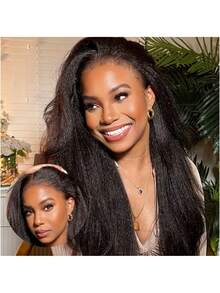 13x4 Transparent Lace Front Kinky Straight Wig For Women 8-36 Inch 180% Density Blend Human Hair Pre Plucked With Baby Hair Natural Color Lace Front Kinky Straight Wigs Yaki Straight Ear-To-Ear Length For Comfortable Natural Look(Bob Wigs 8-16inch) - SNatural - View 4