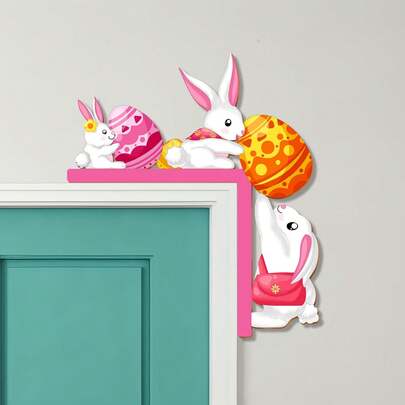 1件装木制复活节兔子门饰，趣味艺术门框装饰，木制复活节派对用品，适用于家居、门、窗、墙面装饰