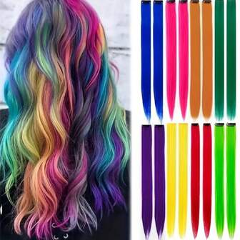 8 Stücke/Packung 50cm bunte Haarverlängerungen in Gelb, Braun, Lila, Blau, Orange, Grau, Grün, Pink für Partyhighlights, gerade Haarverlängerungen zum Einklipsen, geeignet für Frauen für den täglichen Gebrauch, Feiertage, Partys, Weihnachten, Musikfestivals, Karneval, Neujahr als Geschenk verwendbar