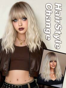 AKAKO 浅金色渐变刘海短款波浪卷发假发，16英寸及肩卷发假发，耐热合成假发，适合日常佩戴、音乐节派对角色扮演、街头嘻哈Y2K风格、时尚服装假发配饰 - 漸變金色 - 查看 2