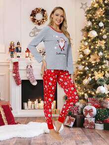 Drop Shoulder Christmas And Slogan Graphic 1 Tee & 1 Trousers PJ Set - Multicolor - View 3