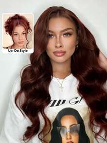 100%真人发假发，告别打结，红棕色，7x5蕾丝前额闭合式假发，预先拔毛、预先修剪、预先漂白，隐形打结，水波纹假发，即戴即用，无需胶水，Unice Hair - S33 - 查看 5