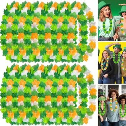 12 Pcs St Patricks Day Leis Necklaces Green Yellow White Tropical Flower Leis Irish Hawaii Party Garland Decorations For Birthday Holiday St. Patrick's Party Decoration Supplies