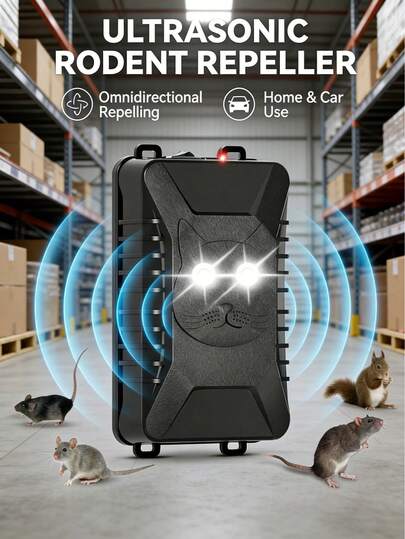 超声波驱鼠器带闪光灯，有效驱赶汽车、仓库等场所的老鼠、松鼠、啮齿动物，使用方便。