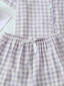 2-Piece Women's Pajama Set With Checkered Bow Print, Cute Sleepwear Set, Short-Sleeved Button-Down Top With Pocket And Comfortable Shorts - 紫色 - 查看 9