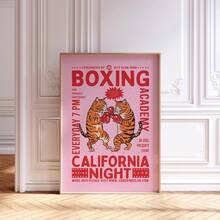 1 pieza Póster de gato de boxeo sin marco en rosa y rojo, estilo universidad de California para decoración de club nocturno, elegante para decoración de pared de sala de estar, imprimible, decoración de dormitorio - Multicolor - Ver 1