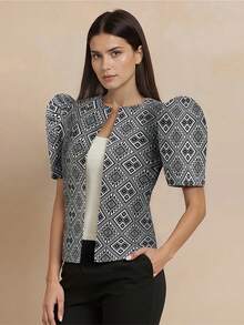 Modern Filipino Geometric Pattern Elegant Puff Sleeve Women Jacket - Black and White - View 1