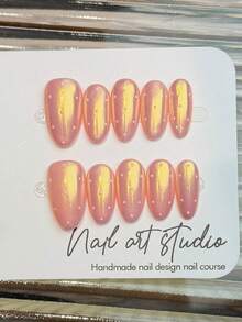 10 móng tay giả thủ công hình oval, móng acrylic dán ngắn, kiểu tối giản màu hồng, chấm bi hồng, màu trơn, bột vàng Aurora, móng mạ crom, móng Hailey, móng mùa thu cá tính, thanh lịch, đơn giản, móng dán mùa thu, móng giả mùa đông, móng ngày Valentine, thẩm mỹ tối giản, thích hợp cho tiệc tùng, hẹn hò, đi biển, nghỉ dưỡng nhiệt đới, tự làm móng nghệ thuật, thích hợp làm quà tặng cho phụ nữ và bé gái. - Hồng - Xem 2