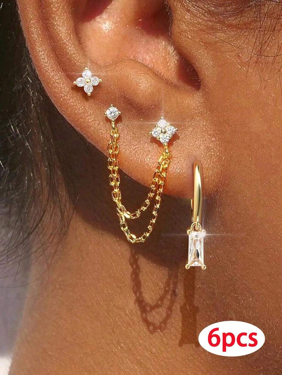 rakol 6 Pieces/Set Stylish And Simple Gold Star Leaf Women's Earrings Set, Suitable For Women's Daily Wear And Decoration Women Gifts - Style 1 - View 1