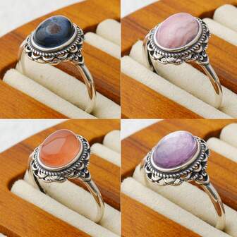 Anillo de plata de ley 925 con piedra preciosa natural, diseño floral vintage, bandas ajustables, piedra oval de 9x7mm de kunita/rodocrosita/pitersita, joyería bohemia, regalo de promesa