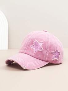 1pc Vintage American Letter Distressed Washed Denim Outdoor Street Tongue Cap, Unisex Versatile Sun Hat, Large Head Circumference Flattering Denim Baseball Cap For Women - Peaked Cap - View 17