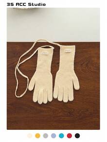 1双彩色圆点棕色针织手套，时尚纯色针织露指手套，适合女士，秋冬保暖百搭，适合学生，复古风格，加厚防风，适合骑行