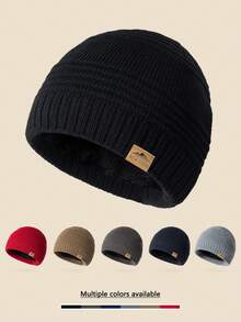 1 pezzo Berretto a coste in maglia con etichetta in pelle, unisex, cappello con fodera termica morbido e confortevole, adatto per outfit da vacanza in climi freddi - A - Visualizzare 5