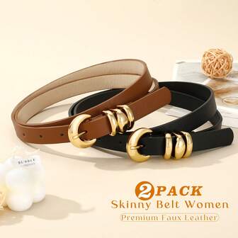 2pcs Fashionable Women's Shiny Gold Buckle PU Leather Belt, Suitable For Jeans, Pants, Dresses