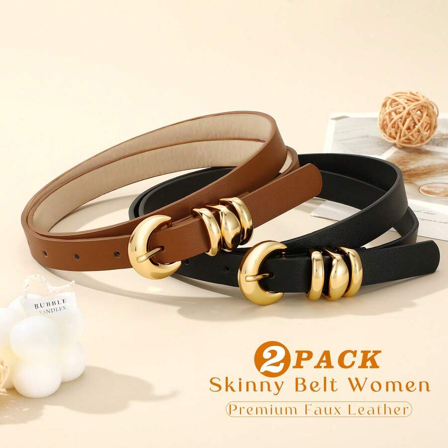 2条装时尚女士亮金色扣PU皮带，适合搭配牛仔裤、休闲裤、连衣裙 - 黑色+棕色 - 查看 1