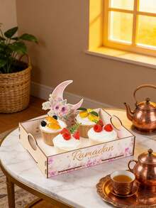 1pc Ramadan Crescent Moon & Star Wooden Tray, Party Snacks & Beverage Wooden Storage Box, Islamic Style Dessert Cake Wooden Display Tray, Arabian Style Tabletop Sweets & Snacks Wooden Serving Tray, Ramadan Blessings - Multicolor - View 9
