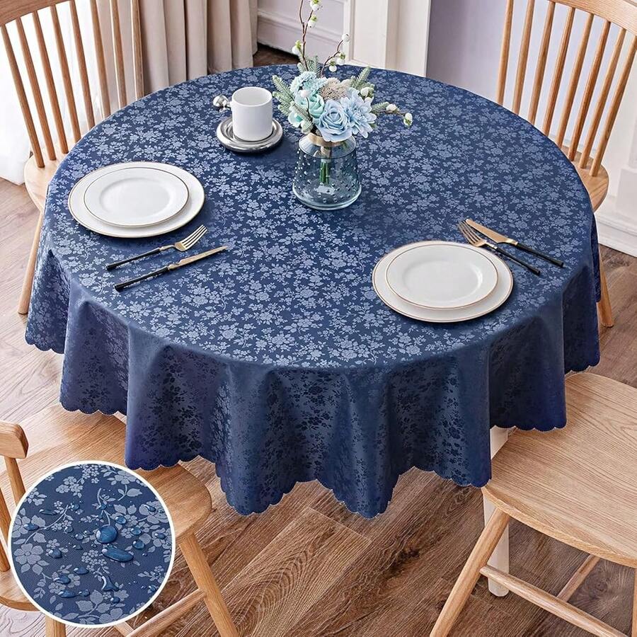 Round Table Cloth, Waterproof Heavy Duty Vinyl Tablecloths, Wipeable Washable Table Cover For Kitchen And Dining Room (Navy Blue, 60inch X 60inch) - NavyBlue60inchRound - View 1