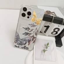 Funda de teléfono con ranura para tarjetas, protección de lente de precisión transparente con borde dorado de cristal, moderna y sencilla, puede acomodar tarjetas de identificación/bancarias/portatarjetas/fotos, adecuada para modelos de la serie Apple  16 15 14 13 12 11 X XS XR Plus Pro Pro Max SE 257I - Colores mixtos - Ver 9