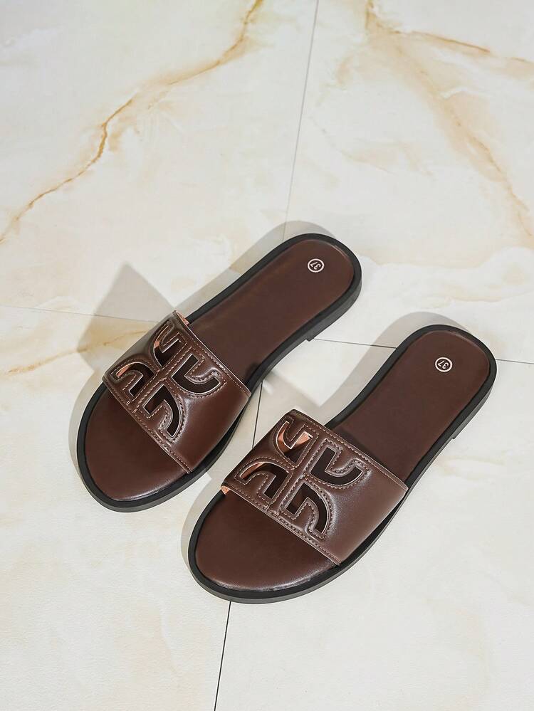 Sandalias planas con rhinestones caladas para mujer de talla grande, cómodas sandalias de playa de estilo bohemio - Café integral - Añade 7