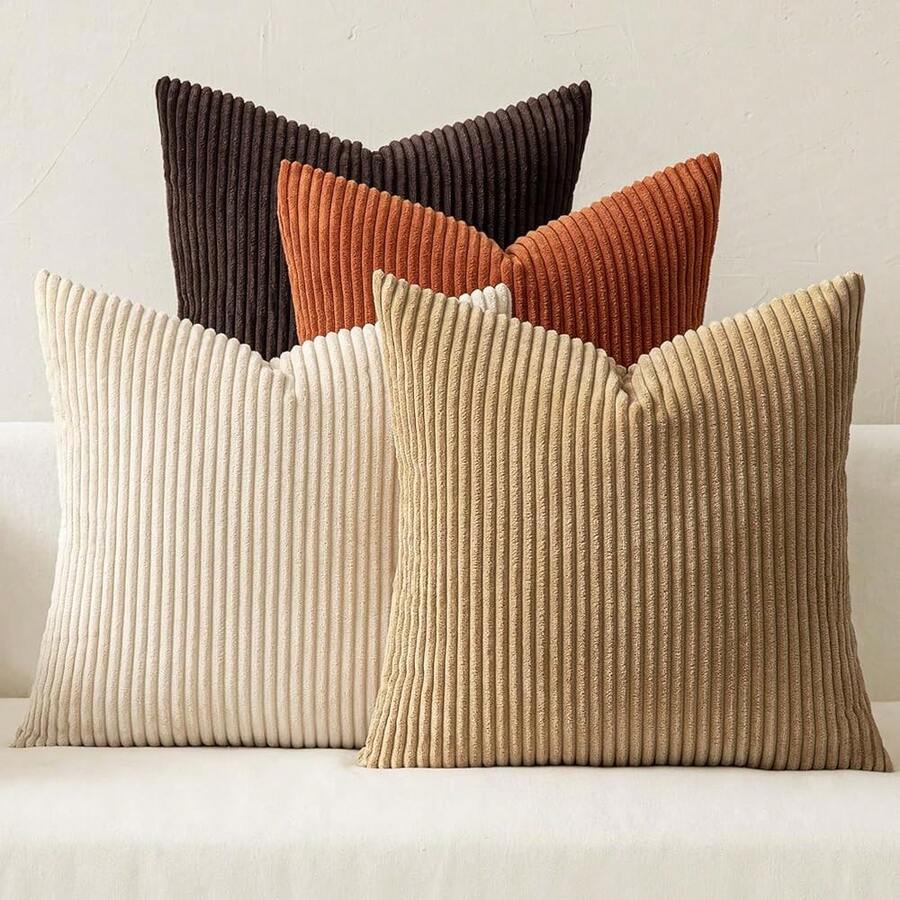 [Free Shipping]MIULEE Boho Farmhouse Throw Pillow Covers 18x18 Inch Set Of 4 Rustic Mordern Neutral Cushion Covers Soft Corduroy Nordic Home Decor For Couch Bed Sofa Living Room Brown-Beige - 棕褐色 18 英吋 x 18 英吋 4 件裝 - 查看 1