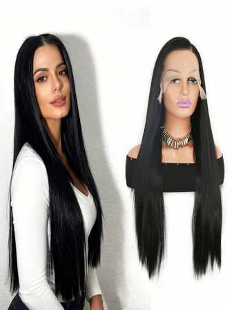 13*6 HD Front Lace Wig 28inch 250%Density Black Soft Hair Strands, Kanekalon High Temperature Flame-Retardant Fiber, Heat Resistant And Breathable 320g Kanekalon Synthetic Hair Natural Hairline Free Parting For Party Daily Use