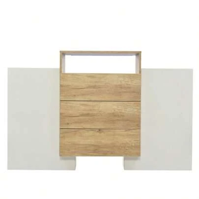 Sideboard, Modern Chest Of Drawers, Cabinet 140cm, High-Gloss White And Wood Finish, Multi-Colored LED Lighting Effects. Stylish Storage Solution (Partially Glossy Surface)
