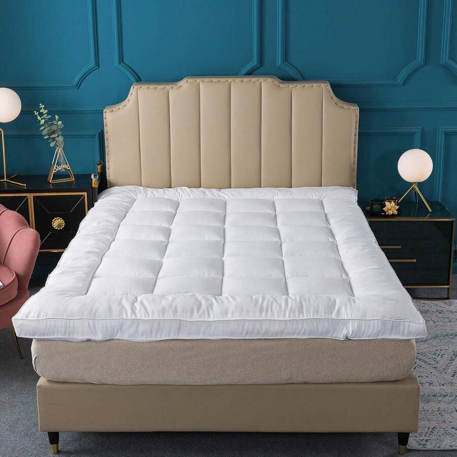 SIWEINING 返校季加厚床垫垫，适用于宿舍沙发和床，尺寸可选：单人床、双人床、大号床、特大号床，采用超细纤维材质，填充物为3D聚酯纤维，四角配有松紧带，并带有床垫套。 - 白色 - 查看 1