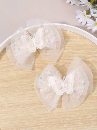 2 piezas Pinzas para el cabello de malla beige con forma de mariposa para niñas, decoradas con brillo, pinzas de caimán, elegantes y dulces pasadores de cabello para uso diario y festivales, accesorios para el cabello para adolescentes