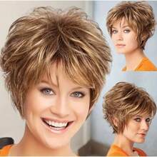 6英寸浅棕色渐变短卷发合成假发，可调节，透气，外观自然，适合日常佩戴 - 彩色 - 查看 3