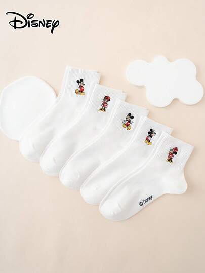 Disney 5 Pairs Series Minnie & Mickey Mouse Cartoon Pattern Funny Women's Mid-Calf Socks, Sports Socks, Suitable For All Seasons, European Size, Comfortable & Breathable, Suitable For Daily Wear, Quality Fabric, Won't Cause Foot Discomfort.