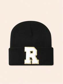 1pc Unisex Personalized Embroidered A-Z Letter Elastic Knit Beanie Hat, Fashionable Streetwear Knit Cap, Suitable For Autumn/Winter Daily Wear - Black - View 5