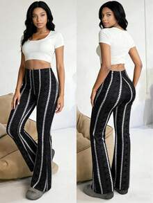 Plus Women's Striped Printed Elegant Flared Pants - Black and White - View 2