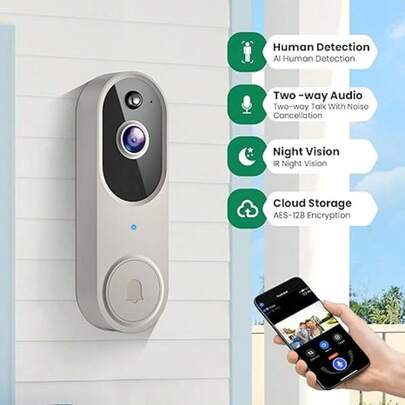 BAIYIG Smart Video Türklingel Kamera mit KI Bewegungserkennung, Nachtsicht, Cloudspeicher, Zwei-Wege-Audio, Batteriebetrieben, nur 2,4 GHz