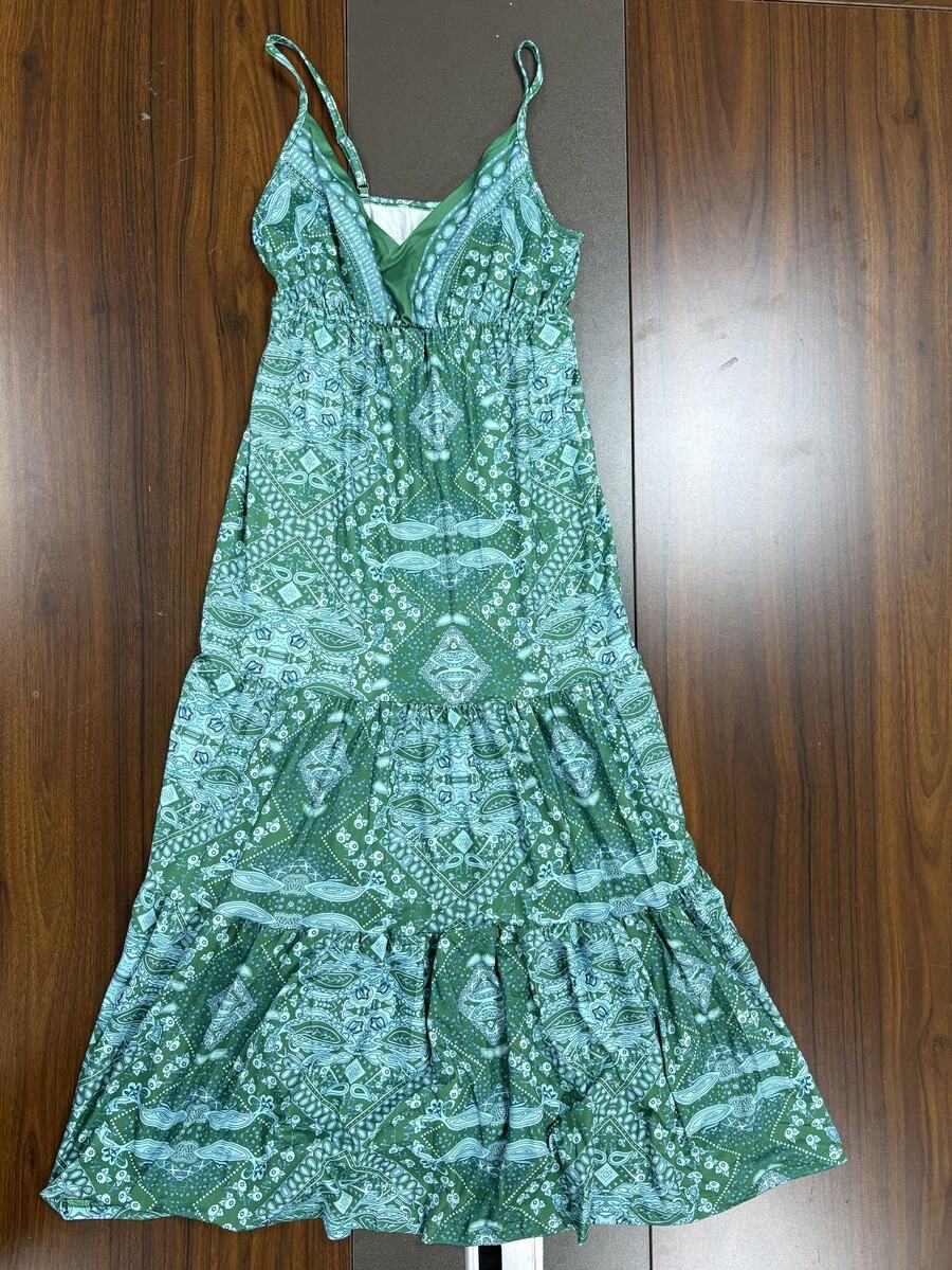 Summer New Bohemian Style Women Dress, High Waist V Neck Ditsy Floral Dress - Green - View 1