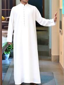 一件中东风格长袍，传统阿拉伯/摩洛哥男士服装，伊斯兰/斋月祈祷服，白色立领半开襟羊毛衫，适合斋月、开斋节、婚礼和节日穿着。 - 白色 - 查看 8