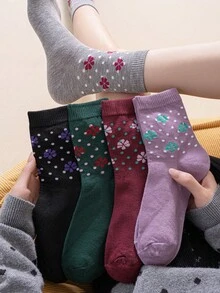 5 Pairs Vintage Style Socks For Women, Minimalist Floral Pattern Mid-Calf Socks, Comfortable & Loose Fit, Suitable For Daily, Casual, Sports, Gifts, All Seasons