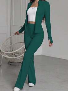 2pcs Women's Fashionable Fitted Solid Color Top With Zipper Jacket And Pants Set, Spring/Autumn - 綠色 - 查看 2