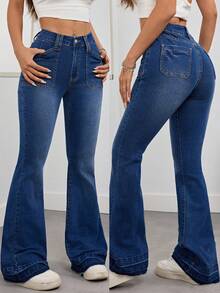 复古低腰修身喇叭牛仔裤，深蓝色，优雅的夏季度假风和日常休闲穿着弹力长款牛仔裤 - 中等水洗藍 - 查看 4