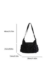 时尚蝴蝶结印花女士单肩包，休闲百搭单肩包，配有蝴蝶结抽绳，多口袋轻便可折叠拉链封口，可调节长肩带，适合日常使用、学生/大学生，简约可爱褶皱条纹前袋布包 - 彩色 - 查看 12