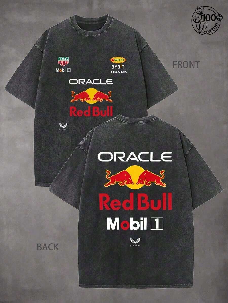 Mens Clothes;Summer TopsOracle  Racing T-Shirt,  F1 Team Racing Unisex T-Shirt - Graphic Tees Men, 230G Washed Cotton High-Quality Cotton Printed T-Shirt;Men Clothes, Suitable For Street Retro And Door Sports Leisure, Y2k Clothes,  F1 Team Racing T-Shirt, Comfortable And Fashionable, Ideal Choice For Racing Enthusiasts, Men Giftssummer Outfits CTEU - 黑色 - 查看 1