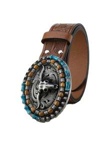 2pcs/1pc Denim, Horse Shaped Buckle Men And Women's Belt, Personalized Bull Head Buckle Waist Belt, Retro Embossed Craft Leather Belt, Suitable As Gift For Boyfriend Or Girlfriend - Multicolor - View 14